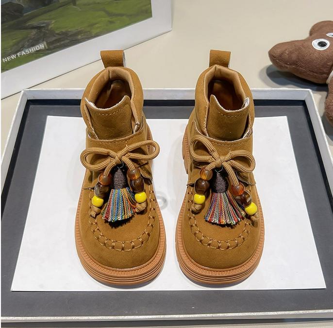 Colorful Tassel Girl's Short Boots  Semester Student Platform Boots  Hanging Beads National Style Children Boots