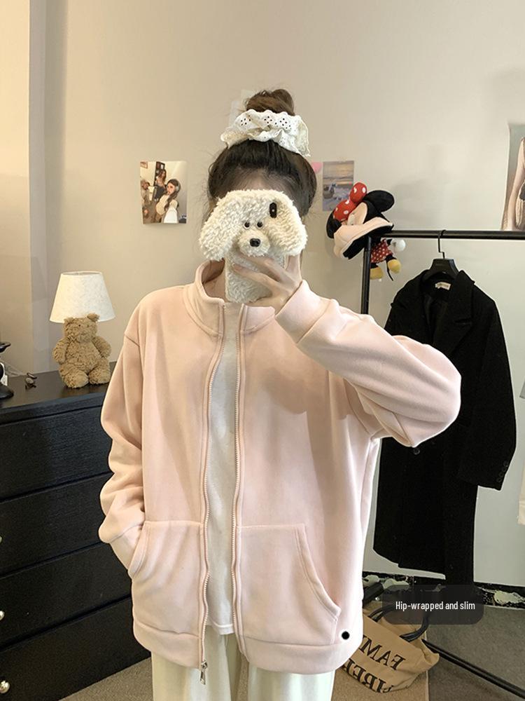 Women's Pink Lambswool Fleece Jacket: Windproof, Thick Velvet Liner, Warm Winter Outerwear