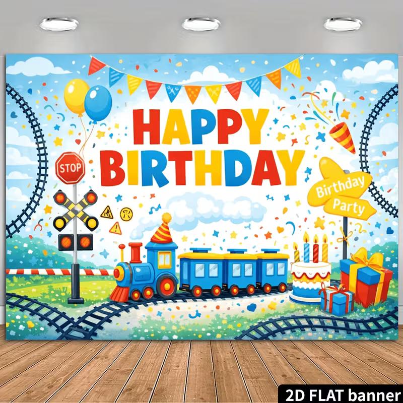 2D Railroad Cake Balloon Backdrop Birthday Shoot Banner