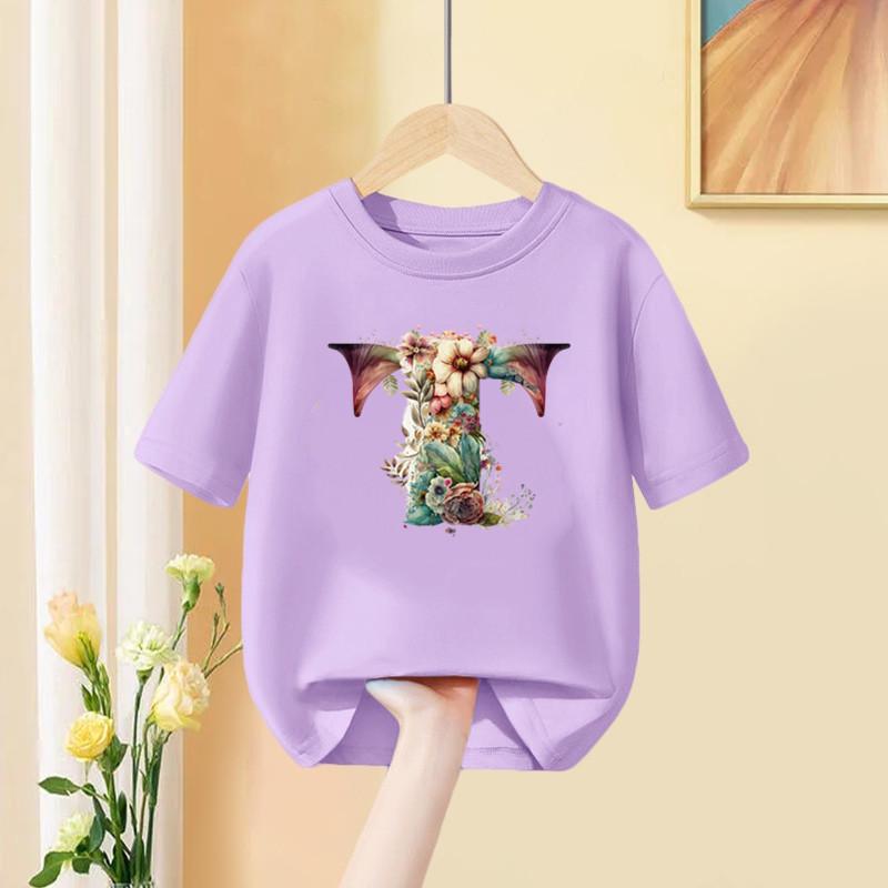 Mädchen T-Shirt 26 Englische Buchstaben A B C D Kindermode Blume T-Shirt Kinder Benutzerdefinierter Name Buchstabe Sommer Lila Kleidung