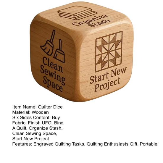 Wooden Quilter Dice with 6 Engraved Quilting Tasks Solid Wood Quilting Projects Decision Dice Sewing Quilting Crafts Enthusiasts Gift