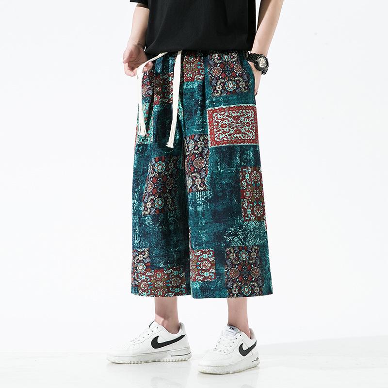 2022 Men's Summer Chinese Print Cotton Linen Capri Pants, Plus Size, Casual Wide Leg Style