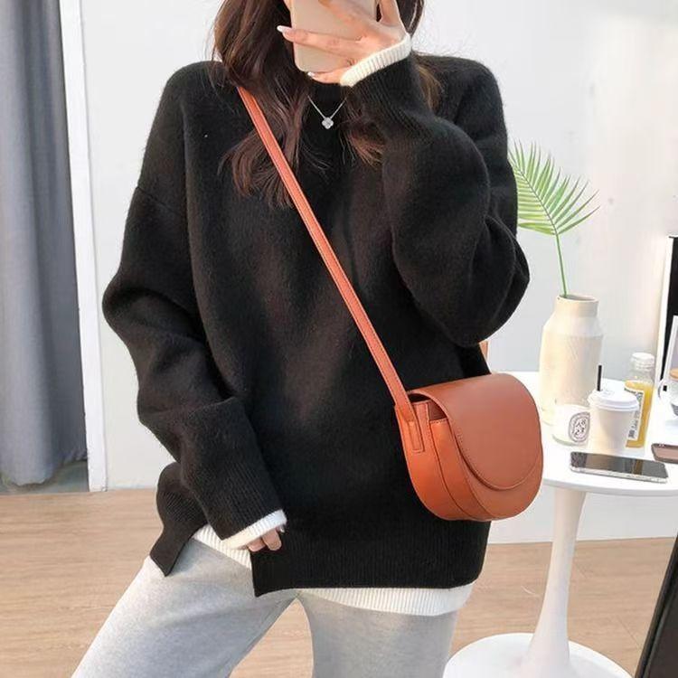 Women Casual Warm O-Neck Soft Knitted Sweater Autumn Winter Long Sleeved Loose Pullovers Fake Two Pieces