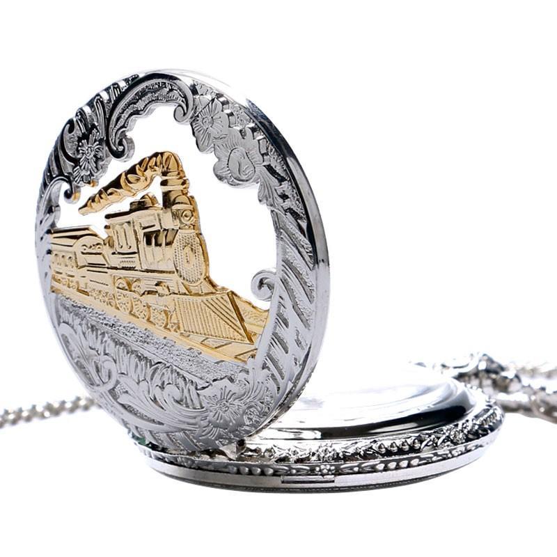 Klassisk Antik Ånglok Design Fickur med Kedja Halsband Vintage Kvarts Hänge Klocka Kedja för Män Kvinnor Barn