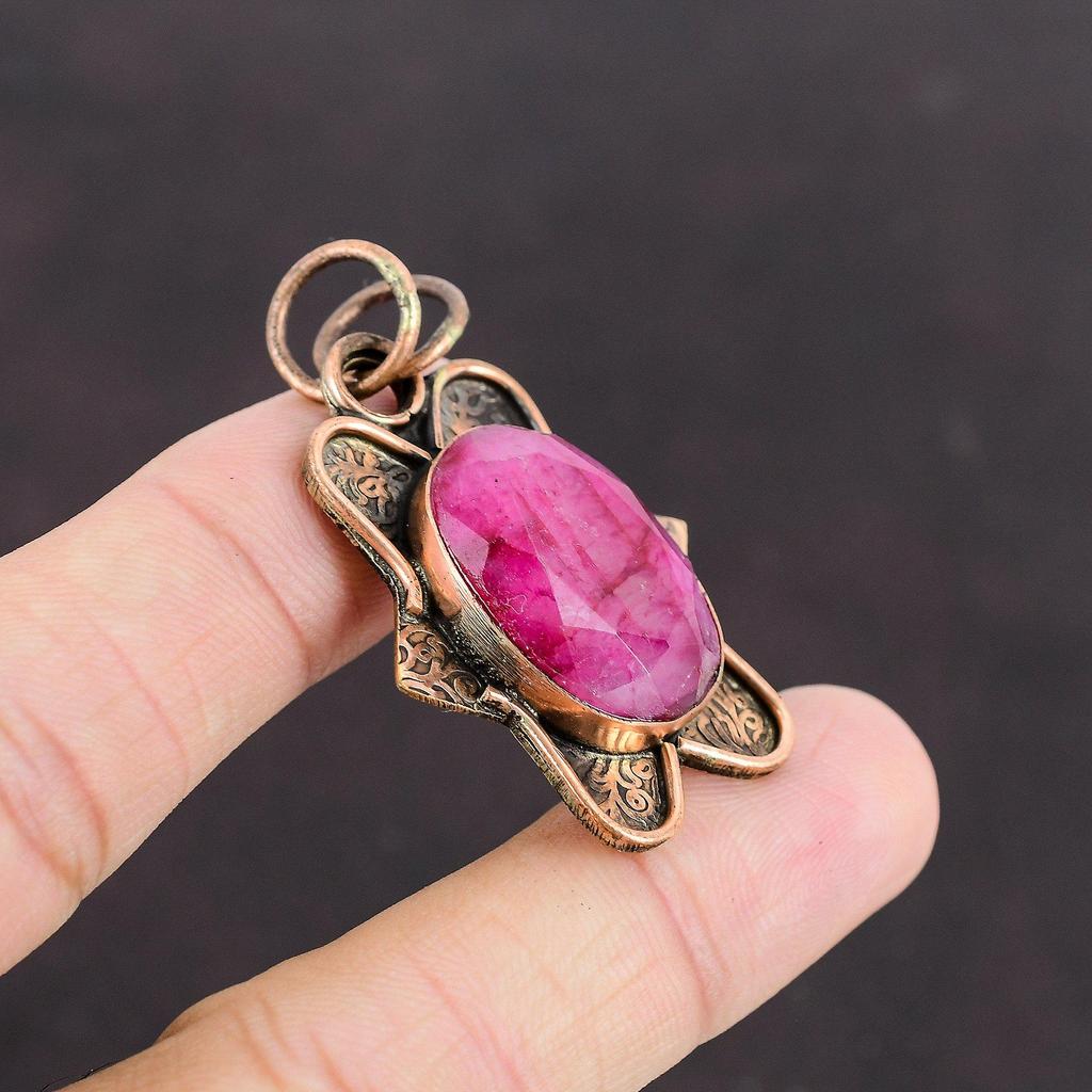 Faceted Kashmir Ruby Gemstone Pendant Copper Pendant Handmade Jewelry Modern Style Pendant Gift For Engagement Latest Design Copper Jewelry