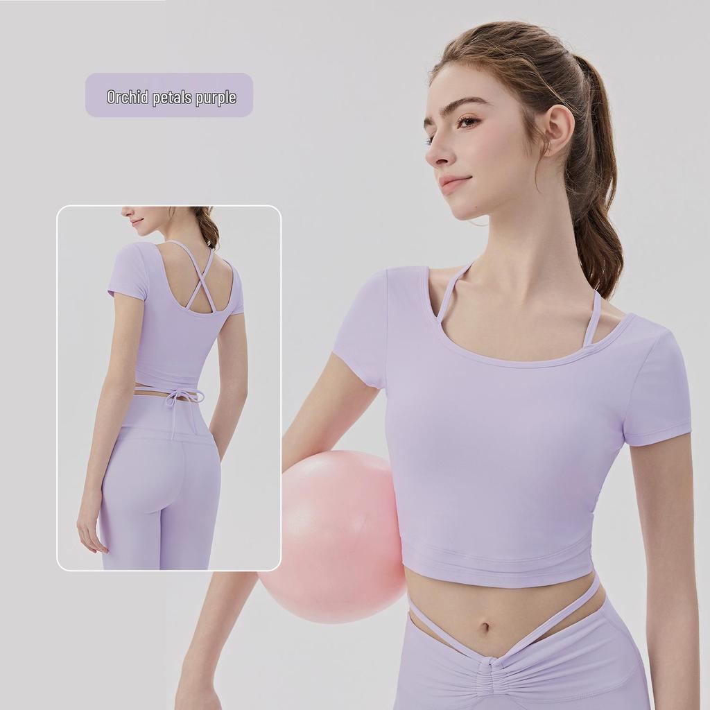 Women's Cooling Yoga Suit: Short Sleeve Top with Built-in Bra & Draping Tie-up Micro Flare Pants Set