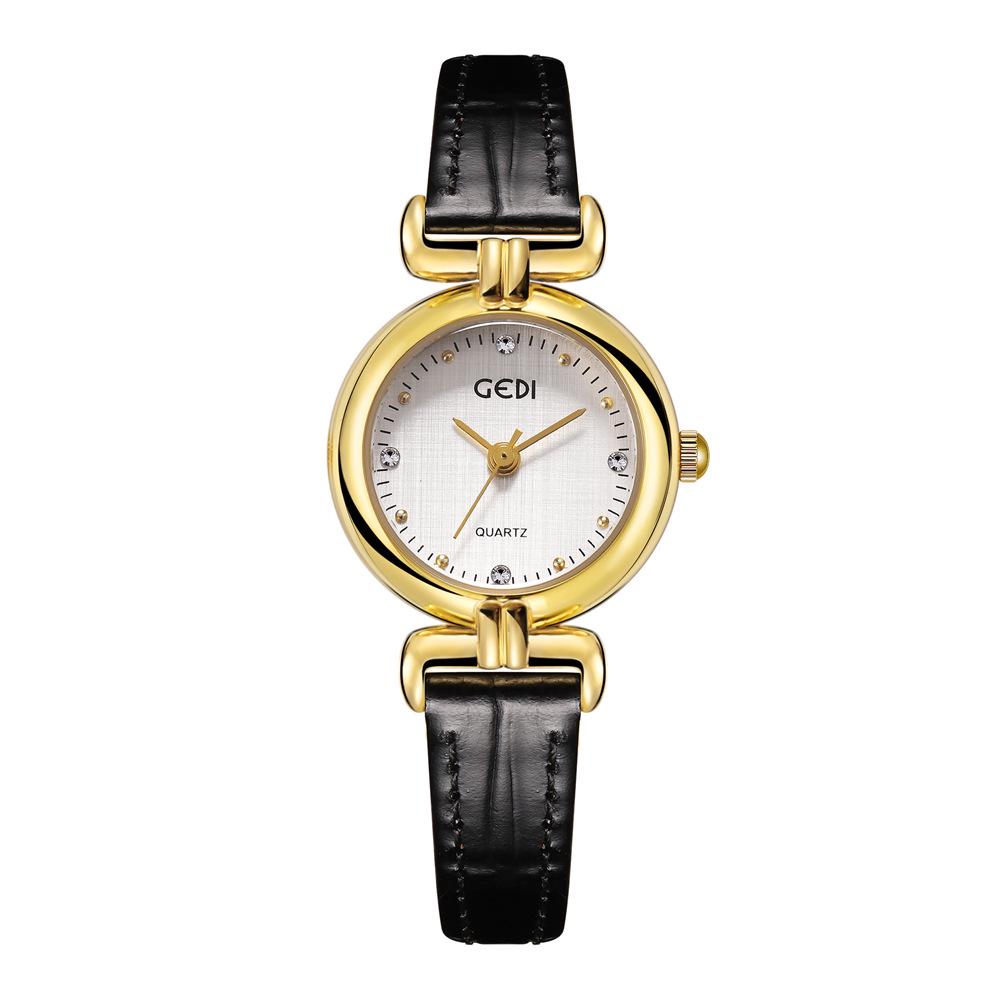 Gedi Retro-Style Women's Thin Quartz Watch with Cloth Pattern and Genuine Leather Strap