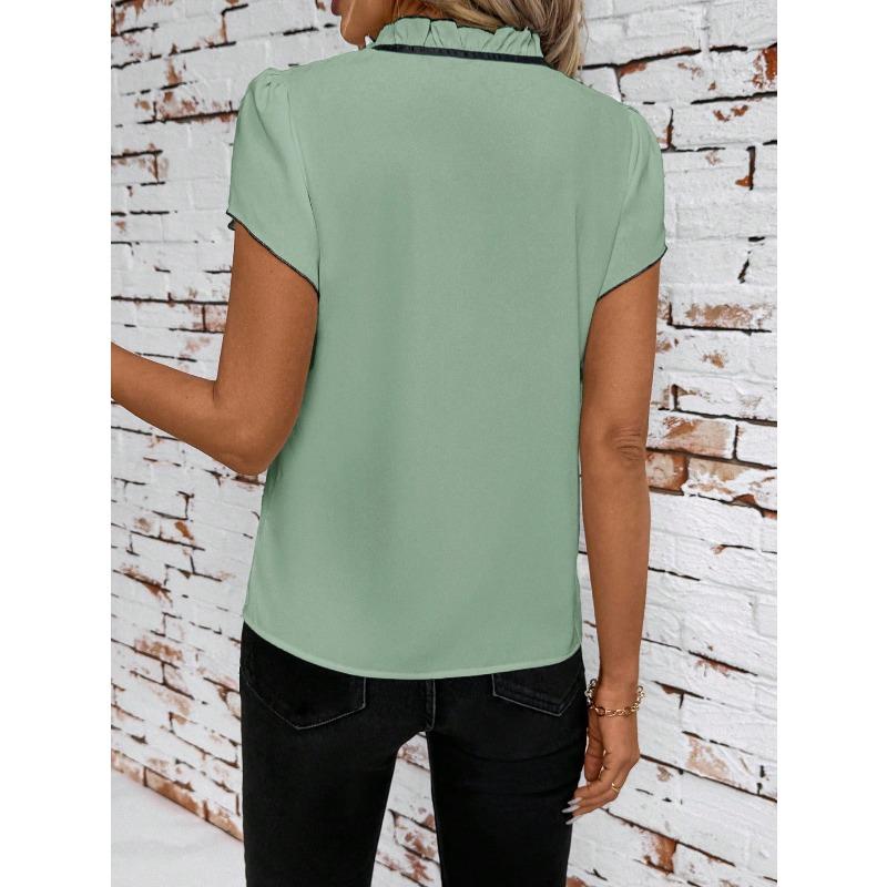 YYFS Women's Fashion Casual Summer Spring Flower Pattern Print Short Sleeve Stand-Neck Blouses & Shirts