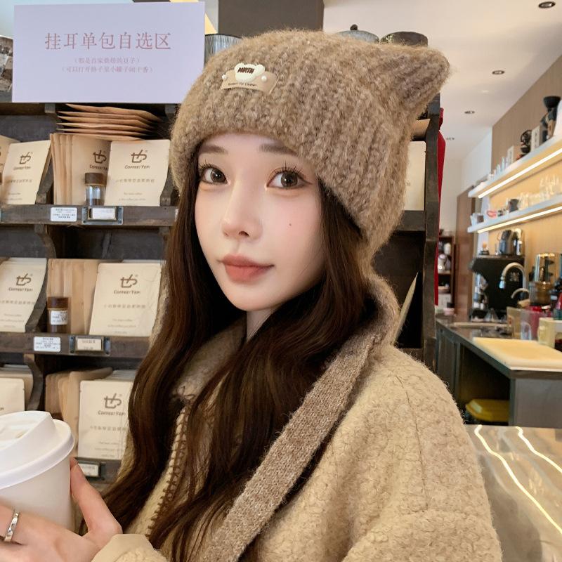 Cute ear hat women's autumn and winter warm windproof knitted hat sweet versatile ear protector small wool hat