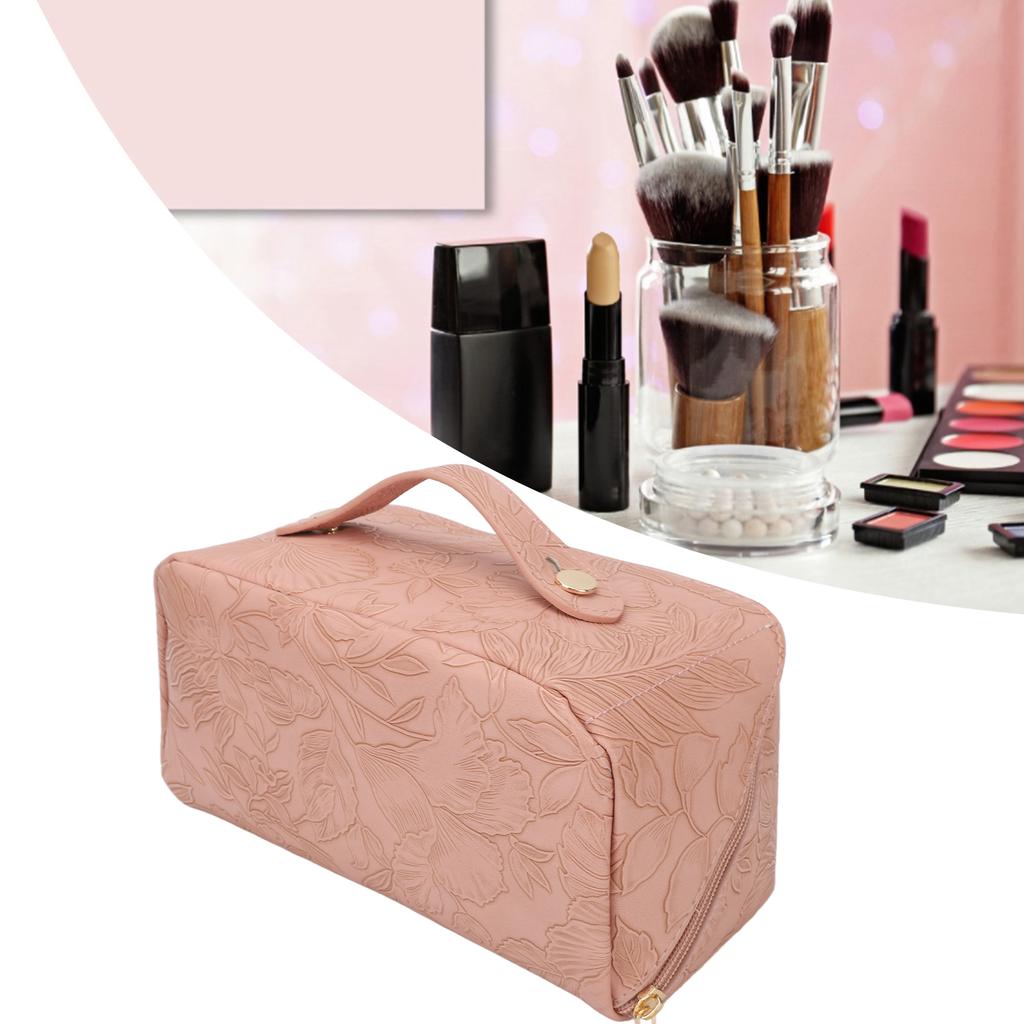 Make Up Cosmetic Bag PU Leather 180 Degree Opening Large Capacity Multi Functional Divider Flat Makeup Bag Pink