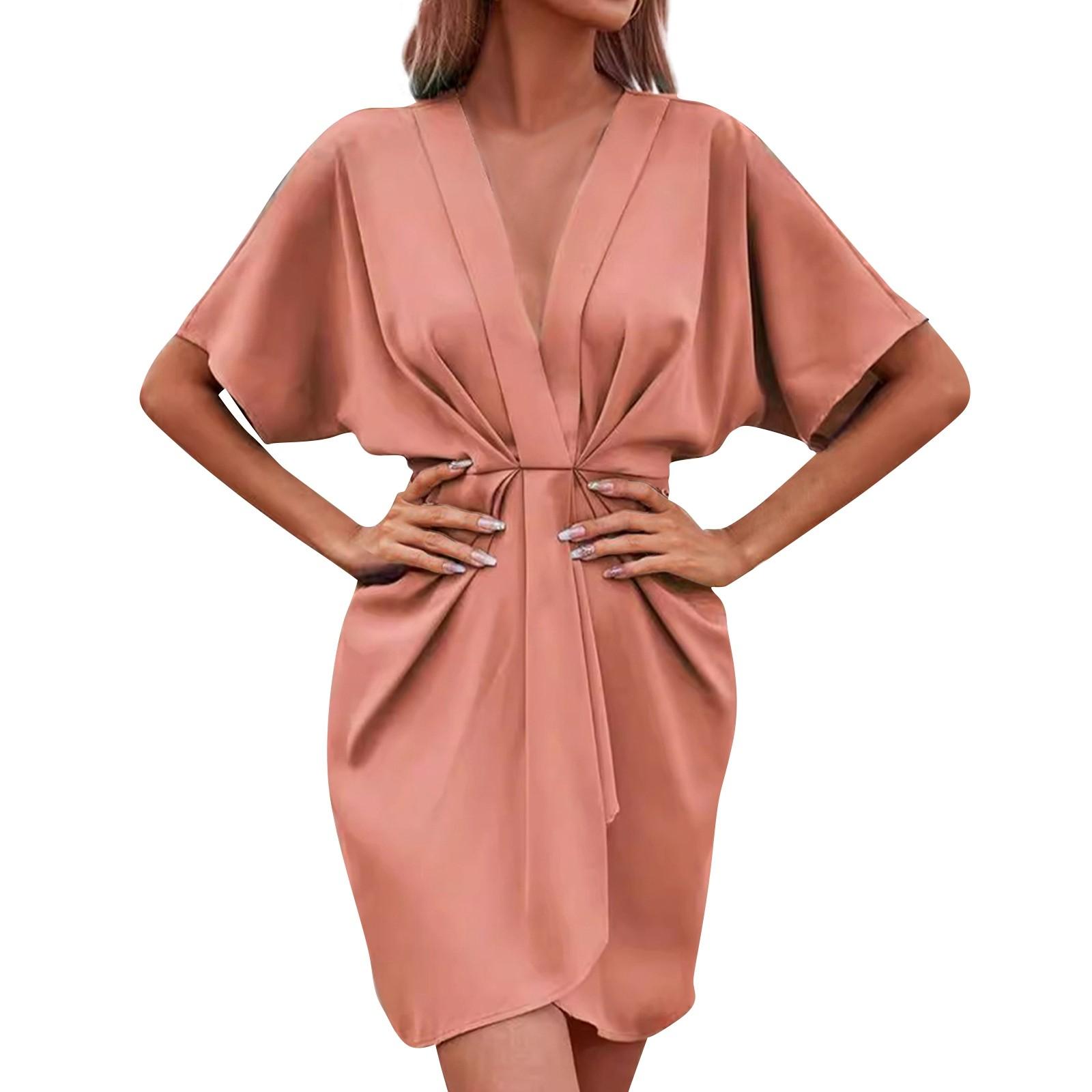 

Женское модное однотонное плиссированное платье с короткими рукавами и V-образным вырезом нерегулярной формы XL розовый