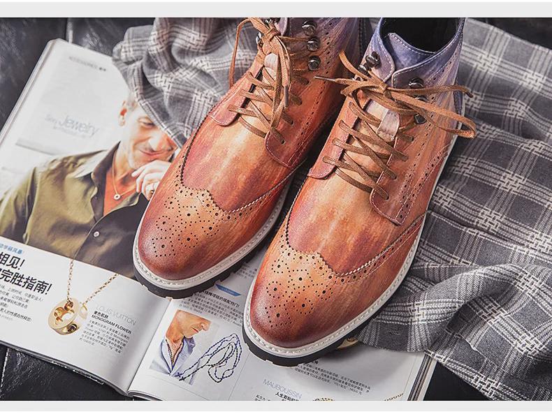 2020 Autumn/Winter Retro High-Top Leather Motorcycle Men's Boots, Casual Carved Design, Large Size