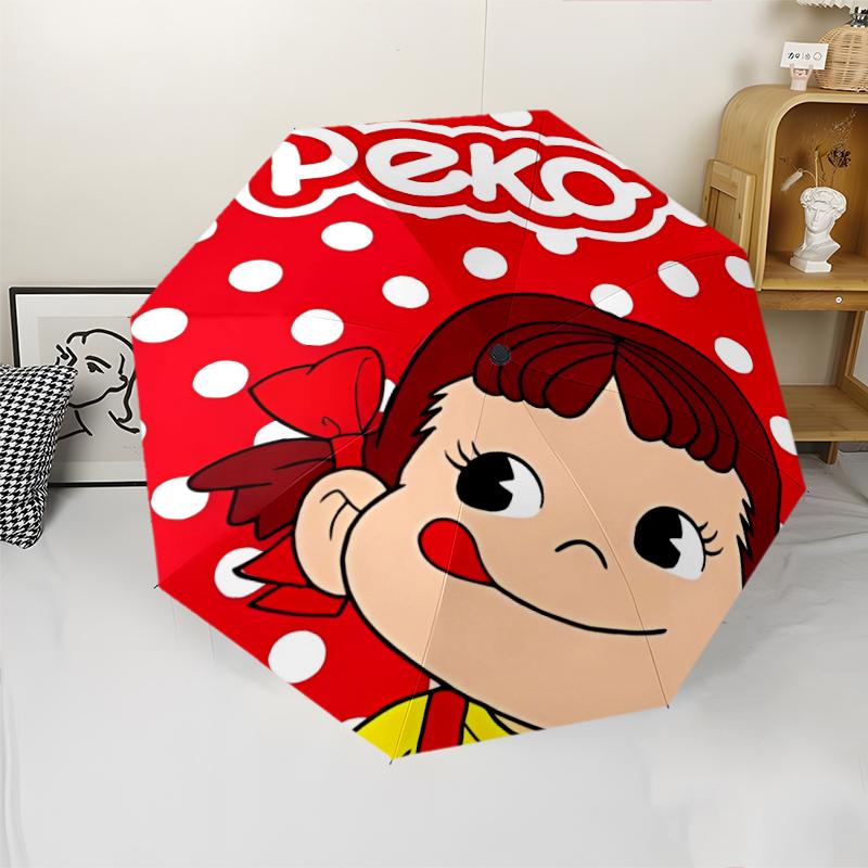 Peko Chan Print Automatic Umbrella, 8 Rib Iron Frame, Plastic Handle, Suitable for Outdoor Travel &Daily , Ideal Gift