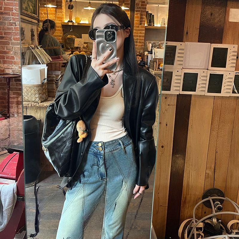 

Модная черная куртка в байкерском стиле из искусственной кожи для женщин — корейский стиль мотоцикла, шикарный уличный блейзер XXXL чёрный