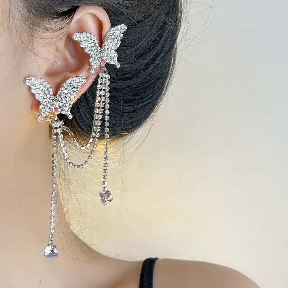 1 pair Luxury Silver Tassel Ear Clip Long Shiny Temperament Eardrops  Women