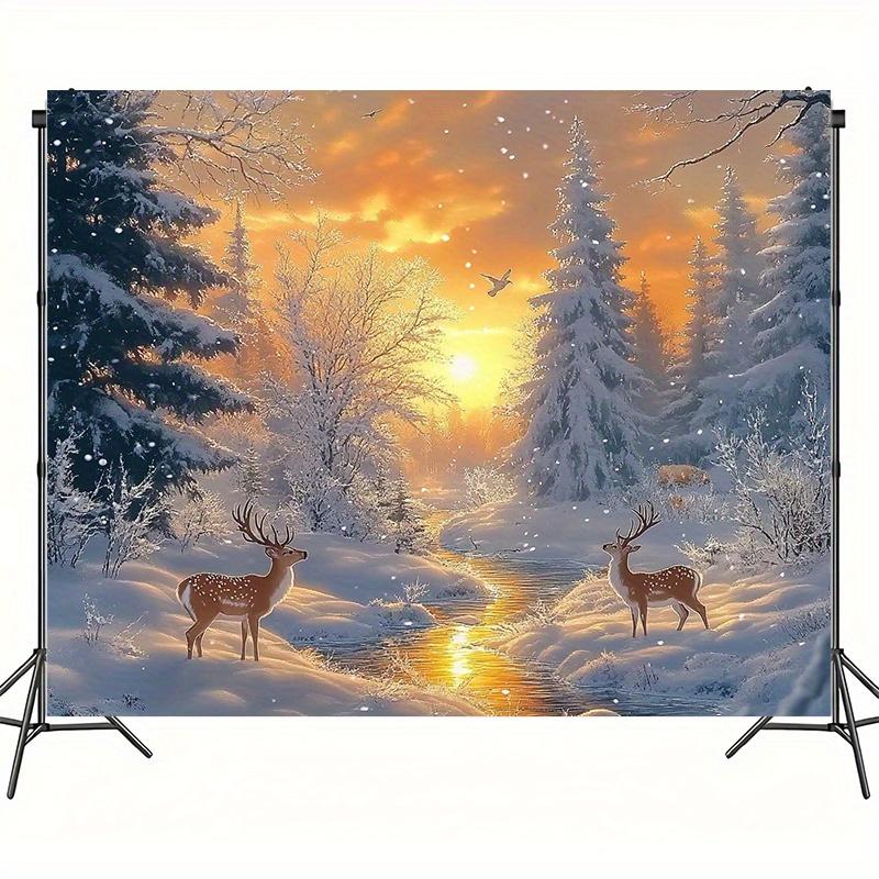 1Pcs Christmas Snowy Forest Scene Deer Decoration Background Winter Backdrop For Photo Studio Photo Booth Party
