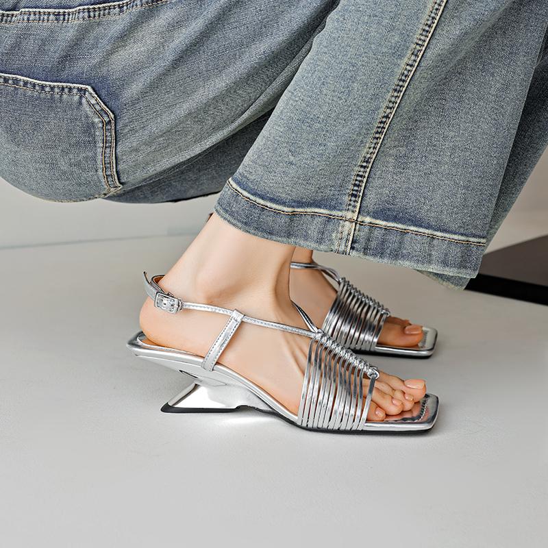 New Summer Women Sandals Square Toe Strange Heel Shoes Split Leather Shoes for Women Narrow Band Handmade Shoes Modern Sandals