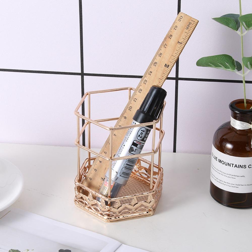 Wrought iron hexagonal pen holder rose gold makeup brush desktop storage ornament