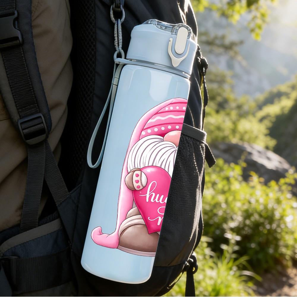 1PC Pink Heart Gnome Cartoon Print 750ml Color Plastic Sports Water Bottle Leakproof Flip Straw Lid Suitable for Sports Office Home Use