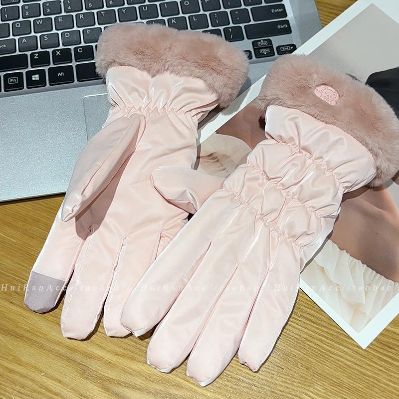 Warm Gloves for Women In Autumn and Winter Korean Cute Touch Screen Riding Electric Bike Cold Proof Plus Velvet Thickened Windproof Cotton Gloves