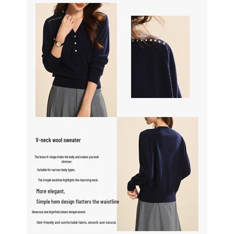 Qianbainian Women's Elegant V-Neck 100% Wool Knit Top