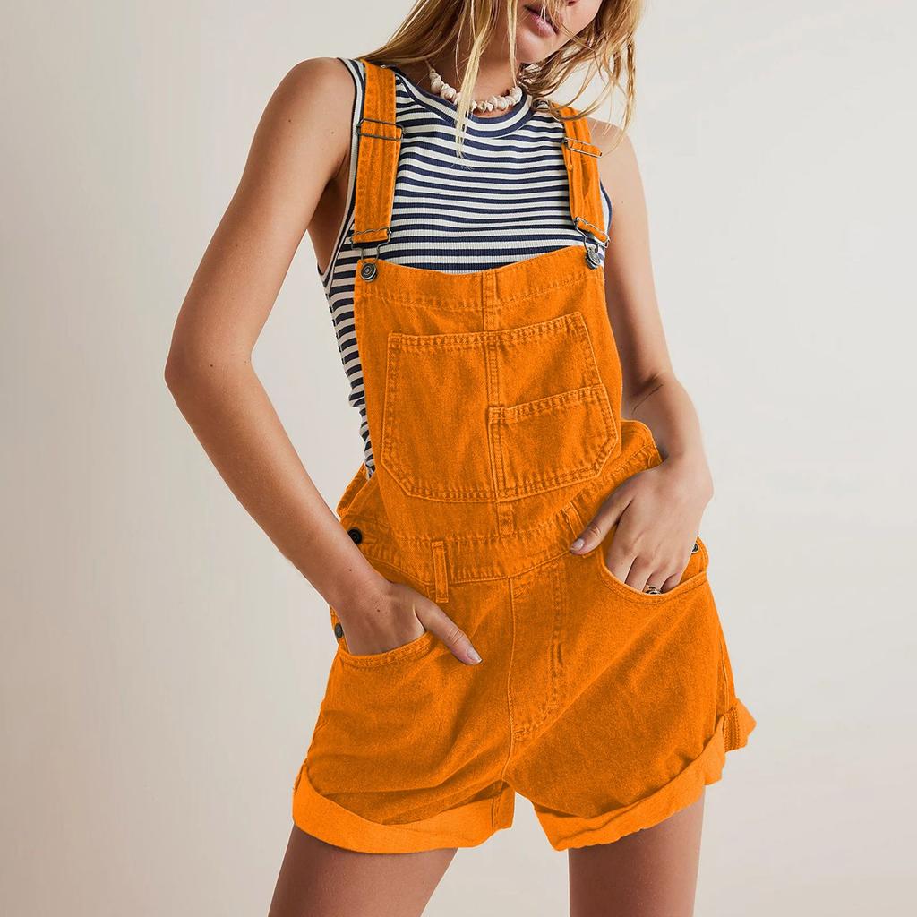 Damenmode Solide V-Ausschnitt Knopftasche Waschwasser Denim Verstellbarer kurzer Träger Jumpsuit