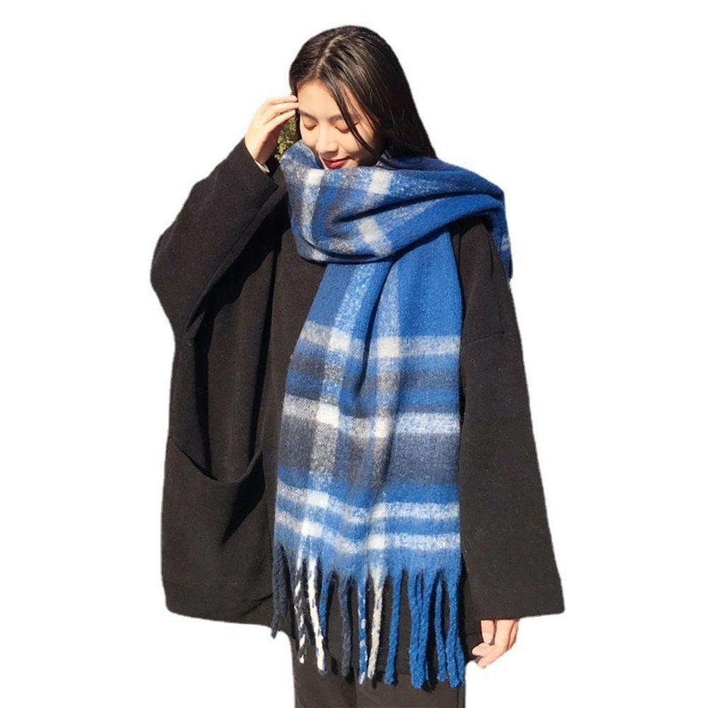 Cold Proof Women Mohair Plaid Scarf Thermal Fall Winter Neck Scarf Warm Tassel Shawl Wrap Students