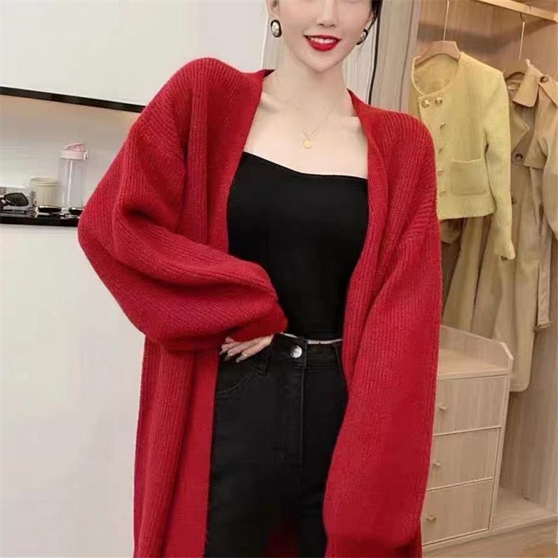GMXIA Soft Waxy Solid Color Knitted Cardigan Women Autumn Loose Lazy Wind Long Sweater Coat