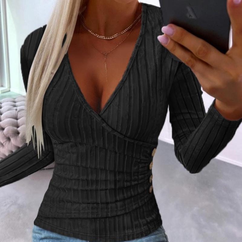 

GMXIA женские модные повседневные летние однотонные блузки и рубашки с v-образным вырезом и длинными рукавами с принтом L чёрный