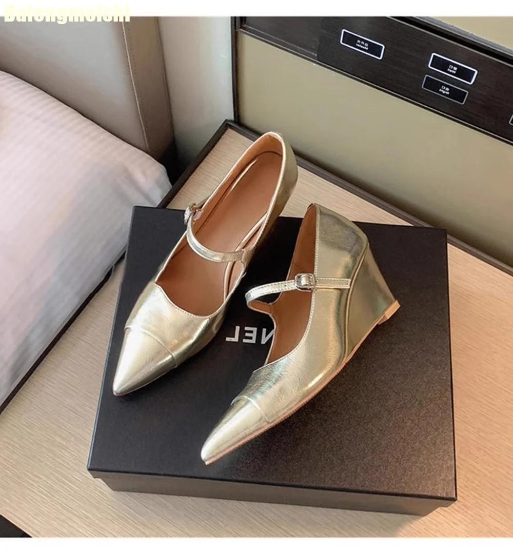 

Fashion Patent Leather Pointed Wedges Mary Janes Shoes Shallow Buckle Strap Silver/black Women Pumps 2025 Summer New Casual Sandals 34