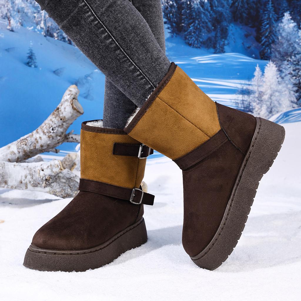 Fashion New Round Toe Buckle Thick Sole Warm Casual Snow Boots Winter Comfortable Suede Large Size Walking Boots for Women