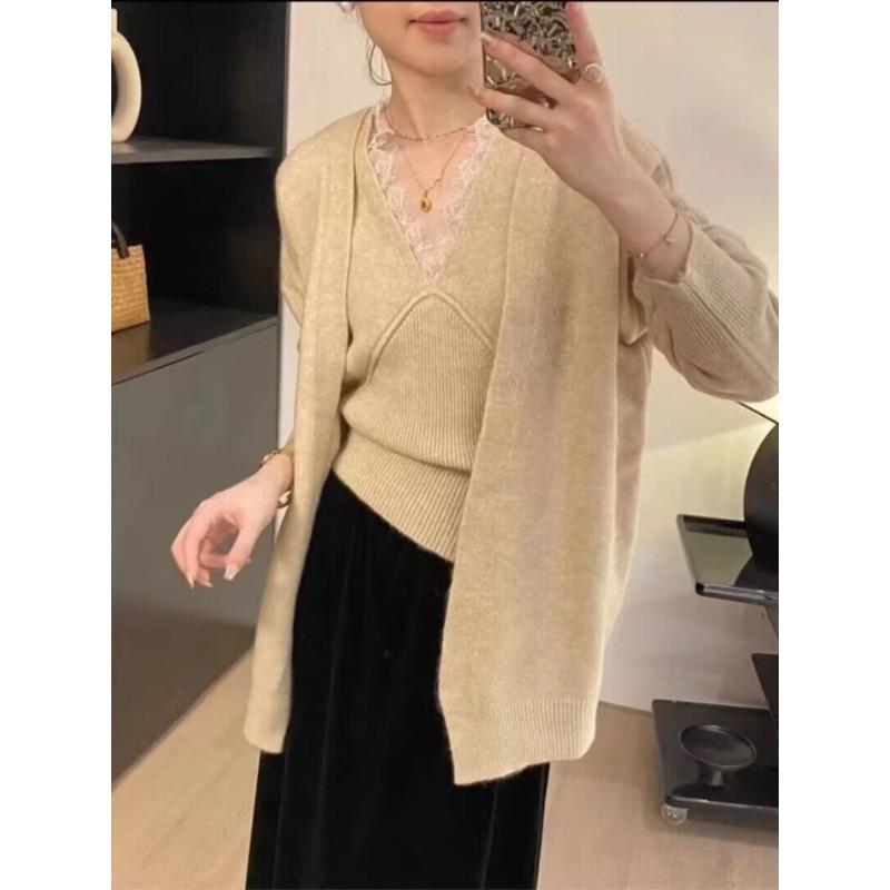 Soft Waxy Lazy Wind Knitted Cardigan Vest Two-piece Set Women's Solid Color Sweater Jacket Autumn and Winter New Set Women