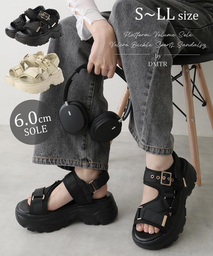 DMTR Velcro Buckle Sports Sandals Women's Thick-Soled (dm1849-L25) (Black/Black, L)