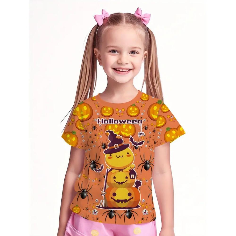 Girls' clothing with funny pumpkin patterns, boys and girls' Halloween short sleeved T-shirts, Halloween gifts, party children's clothing