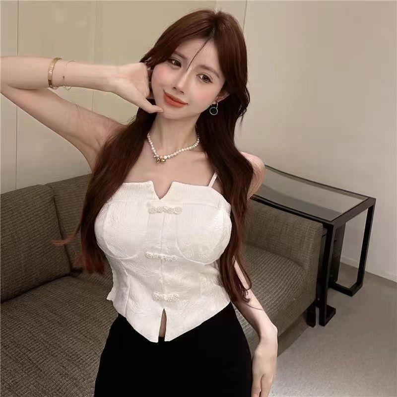 Retro Cheongsam Camisole Vest with Chest Cushion Slim Fit and Beautiful Back Sleeveless Short Vest Top for Women