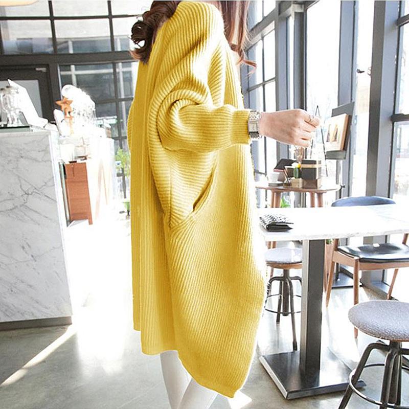 Autumn and Winter  Women's Sweater Cardigan Jacket Medium Long Loose Casual with Bat Sleeves Irregular Design