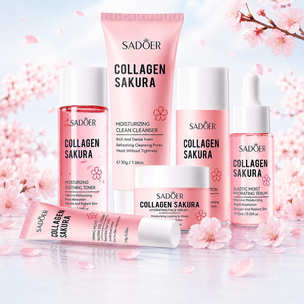 6pcs Cherry Blossom Collagen Skincare Set, Moisturizing Nourishing Facial Care Kit, Includes Cleanse