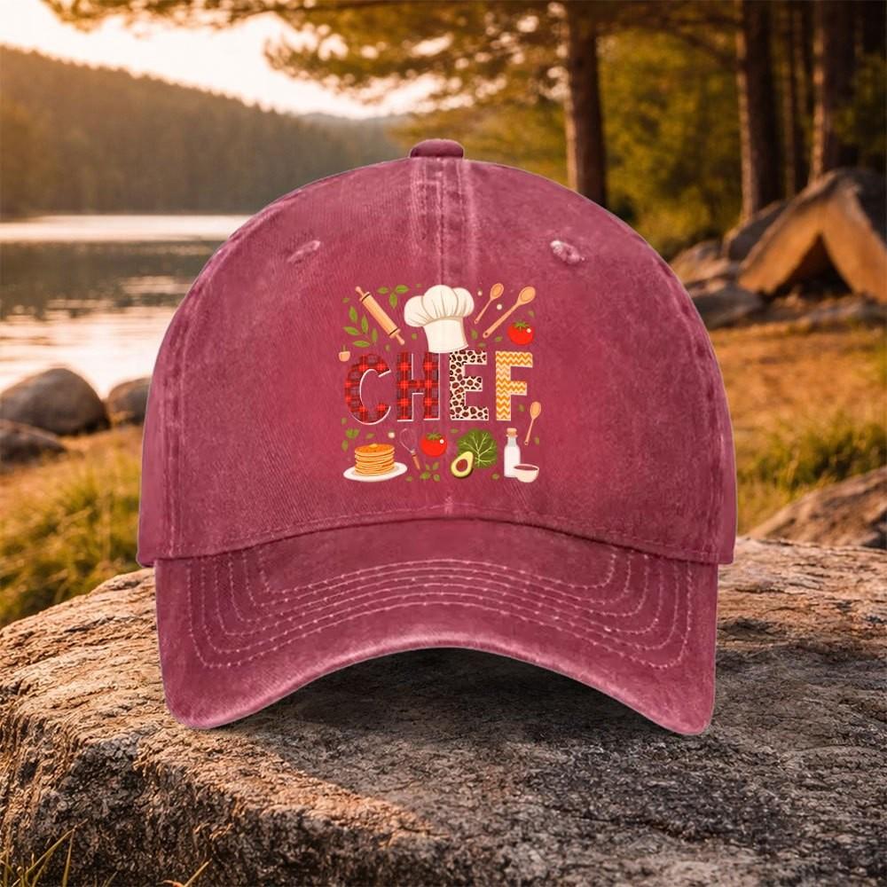 Chef Pattern Washed Baseball Cap Adjustable Cotton Outdoor Golf Sun Hat Unisex
