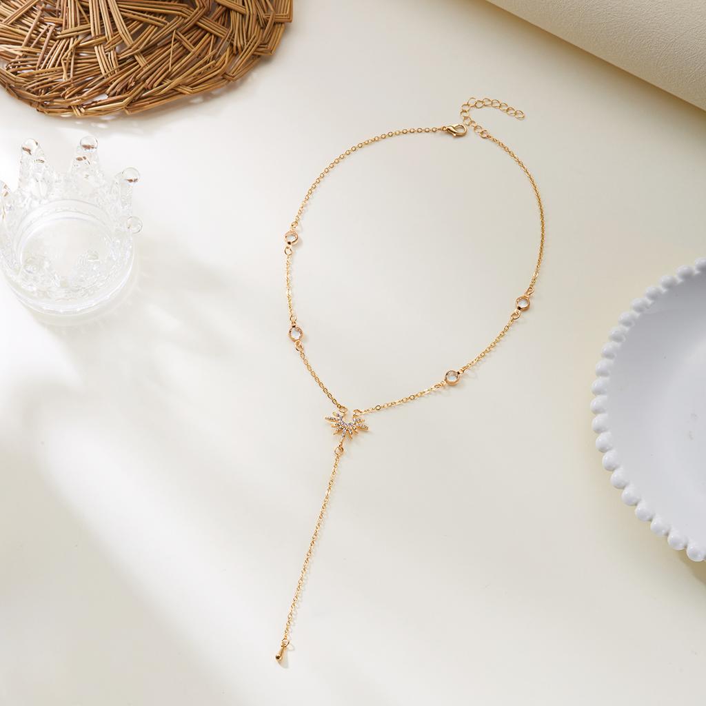 Sexy Rhinestone Long Necklace for Women Gold Color Water Droplet Sun Zircon Pendant Tassel Choker Party Accessories Jewelry Gift