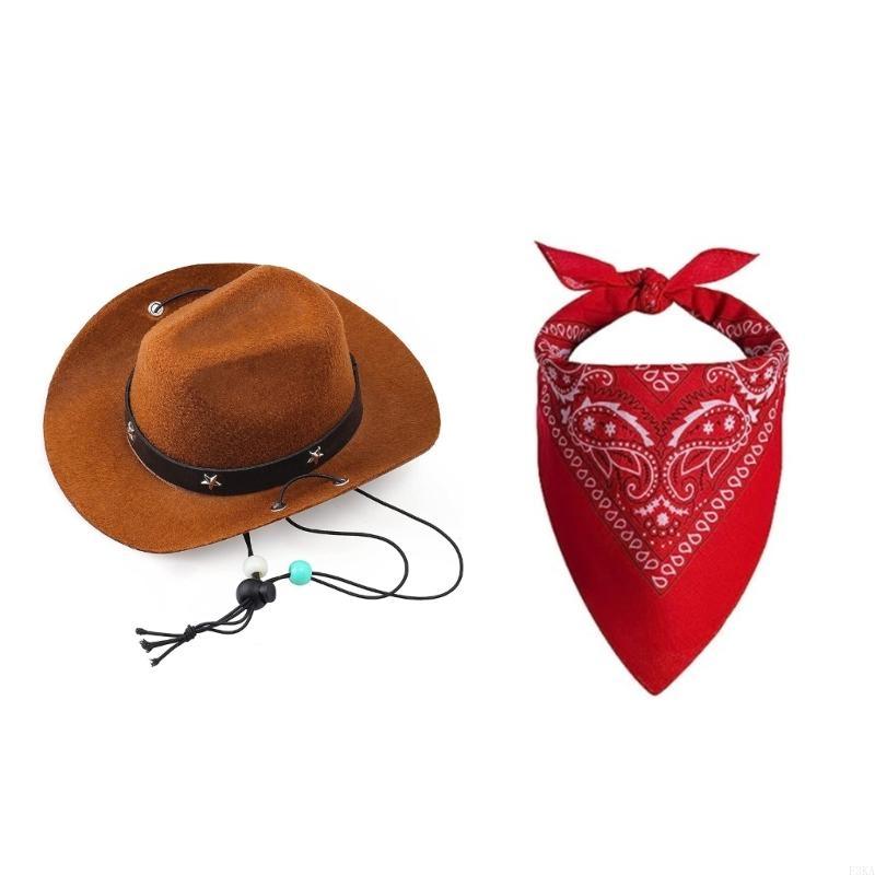 Dog Cowboy Costume Hat Bandanas Set Dogs Adjust Caps Festival Props Outfit