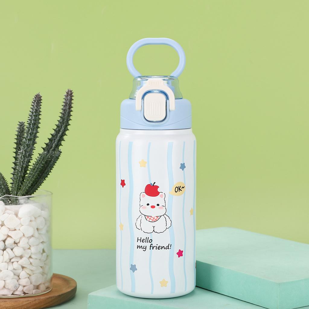 Creative Kids Thermos Drinking Cup Simple Stainless Spring Cap Double Drink Straw Cup Mug Outdoor Portable Sports Handled Cup