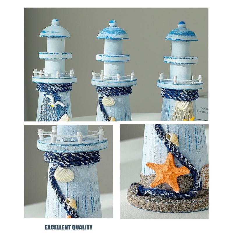 Wooden Lighthouse Decors Nauticals Theme Decors Lighthouse with Starfishs Fish Net Decors Decorative Ornament for Home Decors