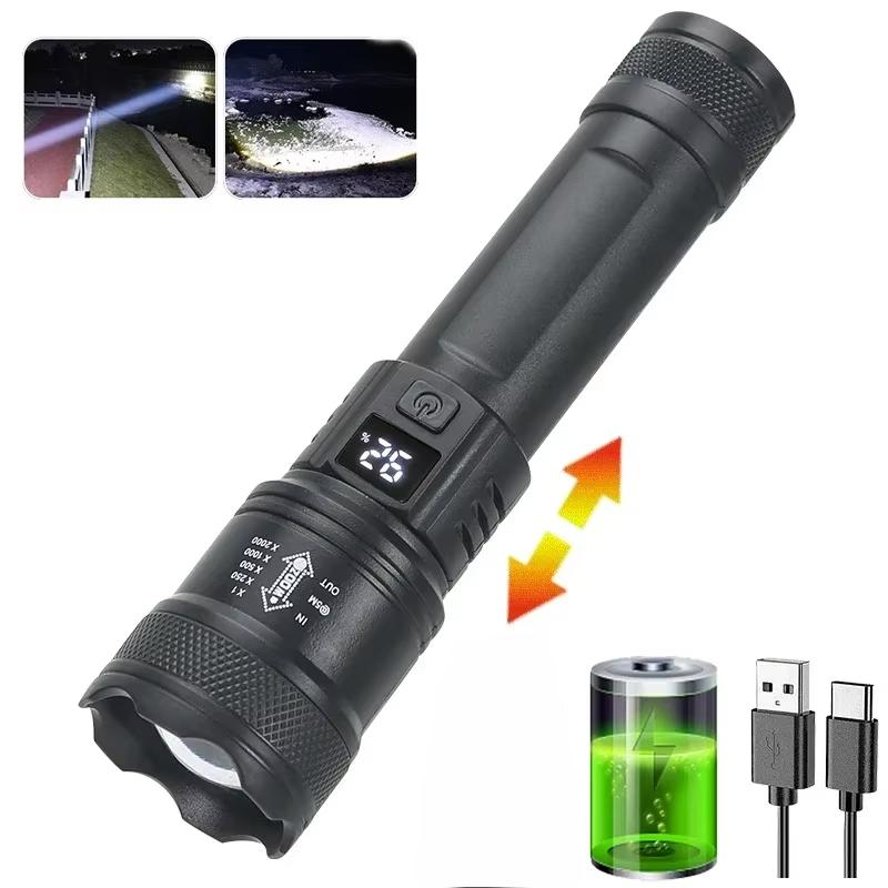 Strong Light LED Flashlights Telescopic Zoom Tactical Torch Type-c Rechargeable Portable Spotlight Long-Range Camping Flashlight