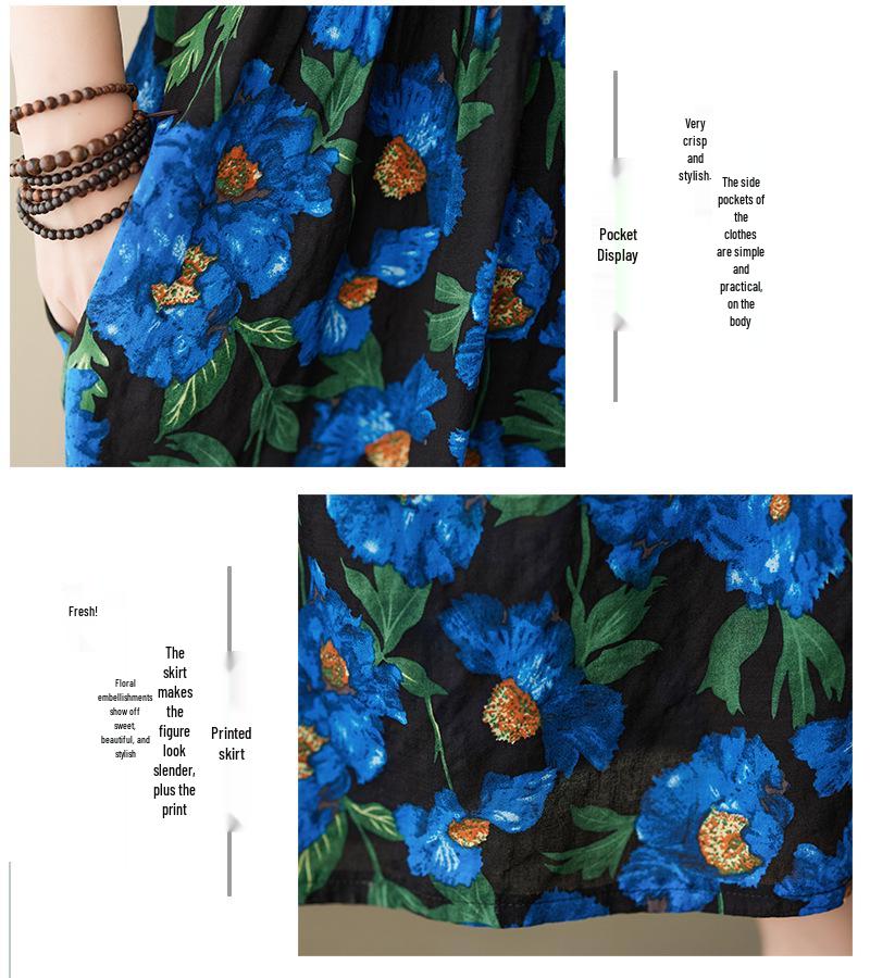 Blue Floral Cotton Linen Plus Size A-Line Dress - Summer 2023, Short Sleeve, Loose Fit