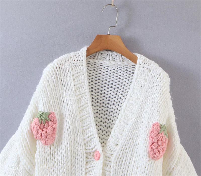 Ženy Podzim Zima Vintage Volný Dlouhý rukáv Top Mohér Hrubý Pletený Cardigan Pletené zboží Výstřih do V Lucerna Rukáv Jahodová Svetr Bunda