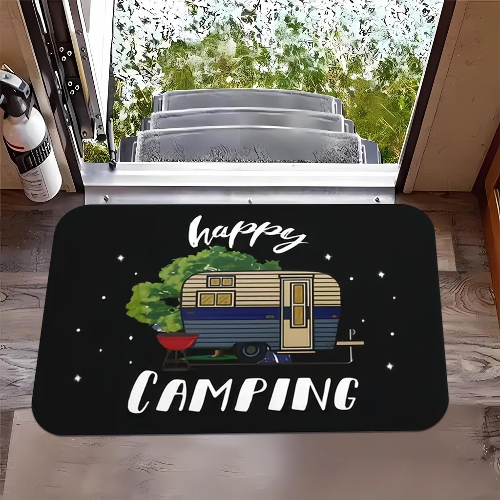 1 Happy Camper Wohnmobil Design Fußmatte | Maschinenwaschbar mit Wohnmobil und Lagerfeuer | Perfekt für Wohnzimmer, Schlafzimmer, Küche