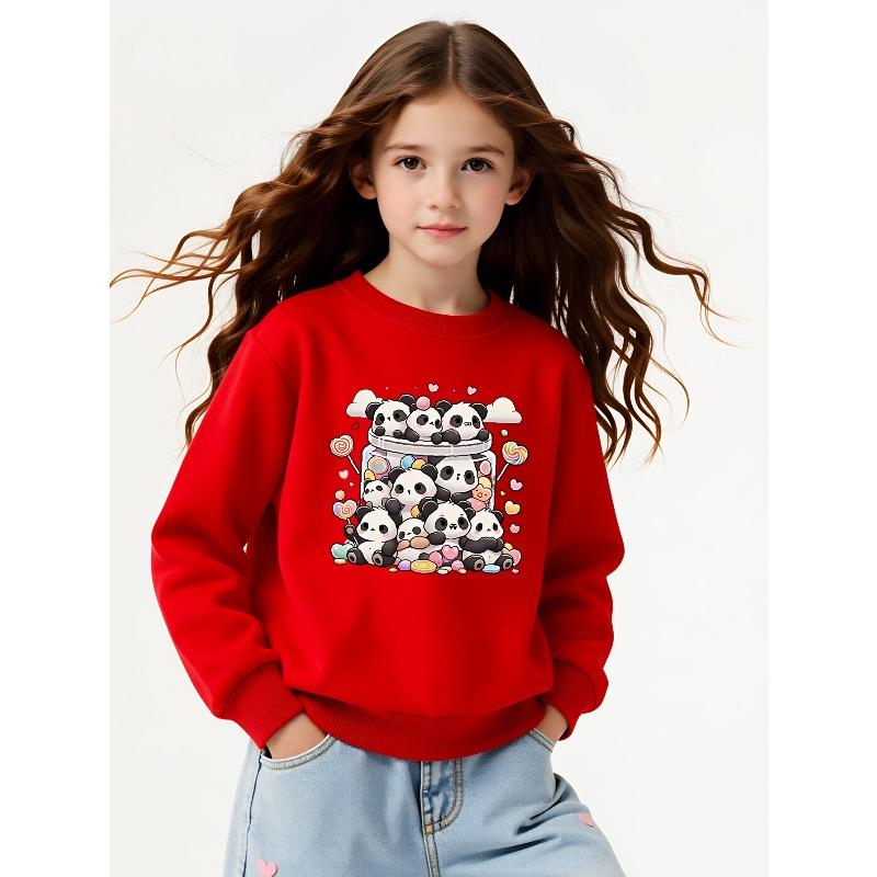 Kids Sweatshirt,Crew Neck Fashion Top, Fun "Cute Panda Candy Jar" Patterned Sweatshirt, for Everyday Casual Wear, for All Kinds of Daily Outfits