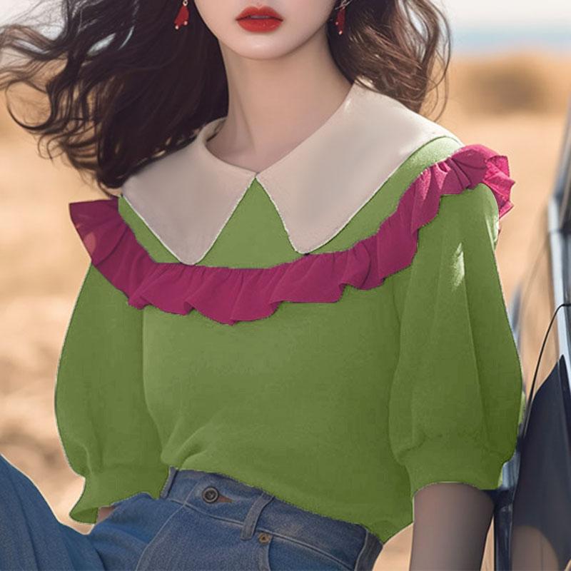 VONDA Women Summer Lapel Short Sleeve Ruffled Contrast Blouses