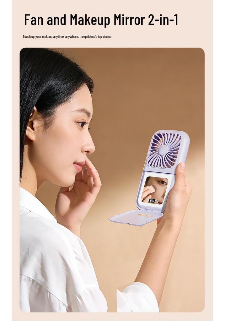 Portable Neck-Hanging USB Fan with Foldable Stand and Makeup Mirror