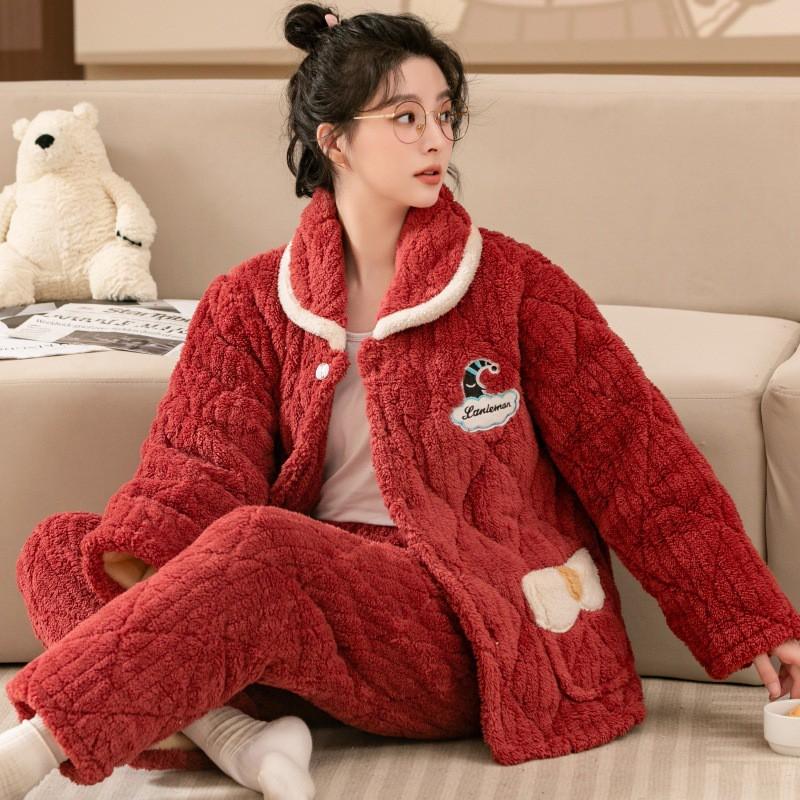 Womens Coral Fleece Quilted Pajama Set Winter Warm Flannel Loungewear